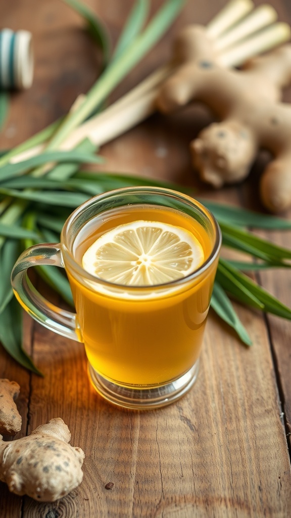 Refreshing Lemongrass and Ginger Tea Recipe A clear glass cup of lemongrass and ginger tea with lemon slice, on a wooden table with fresh ingredients.
